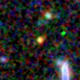 Colour composite: F444W red, F356W green, F277W blue, 3.2 arcsec across, north up