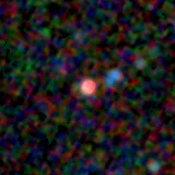 Colour composite: F444W red, F356W green, F277W blue, 3.2 arcsec across, north up