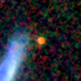 Colour composite: F444W red, F356W green, F277W blue, 3.2 arcsec across, north up