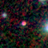 Colour composite: F444W red, F356W green, F277W blue, 3.2 arcsec across, north up