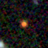 Colour composite: F444W red, F356W green, F277W blue, 3.2 arcsec across, north up