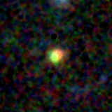 Colour composite: F444W red, F356W green, F277W blue, 3.2 arcsec across, north up