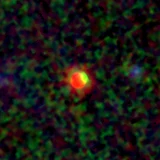 Colour composite: F444W red, F356W green, F277W blue, 3.2 arcsec across, north up