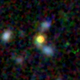 Colour composite: F444W red, F356W green, F277W blue, 3.2 arcsec across, north up