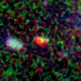 Colour composite: F444W red, F356W green, F277W blue, 3.2 arcsec across, north up