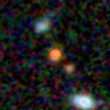 Colour composite: F444W red, F356W green, F277W blue, 3.2 arcsec across, north up