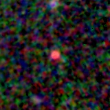 Colour composite: F444W red, F356W green, F277W blue, 3.2 arcsec across, north up