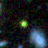 Colour composite: F444W red, F356W green, F277W blue, 3.2 arcsec across, north up