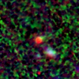 Colour composite: F444W red, F356W green, F277W blue, 3.2 arcsec across, north up