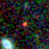 Colour composite: F444W red, F356W green, F277W blue, 3.2 arcsec across, north up