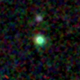 Colour composite: F444W red, F356W green, F277W blue, 3.2 arcsec across, north up