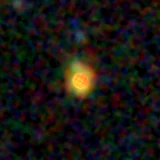 Colour composite: F444W red, F356W green, F277W blue, 3.2 arcsec across, north up
