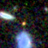 Colour composite: F444W red, F356W green, F277W blue, 3.2 arcsec across, north up