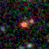 Colour composite: F444W red, F356W green, F277W blue, 3.2 arcsec across, north up