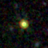 Colour composite: F444W red, F356W green, F277W blue, 3.2 arcsec across, north up