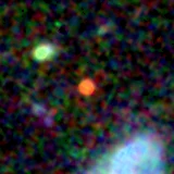 Colour composite: F444W red, F356W green, F277W blue, 3.2 arcsec across, north up
