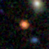 Colour composite: F444W red, F356W green, F277W blue, 3.2 arcsec across, north up