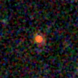 Colour composite: F444W red, F356W green, F277W blue, 3.2 arcsec across, north up