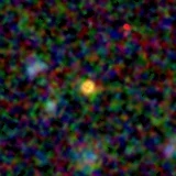 Colour composite: F444W red, F356W green, F277W blue, 3.2 arcsec across, north up