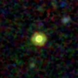 Colour composite: F444W red, F356W green, F277W blue, 3.2 arcsec across, north up