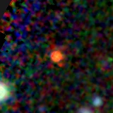 Colour composite: F444W red, F356W green, F277W blue, 3.2 arcsec across, north up
