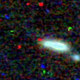 Colour composite: F444W red, F356W green, F277W blue, 3.2 arcsec across, north up