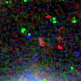 Colour composite: F444W red, F356W green, F277W blue, 3.2 arcsec across, north up