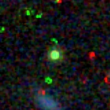 Colour composite: F444W red, F356W green, F277W blue, 3.2 arcsec across, north up