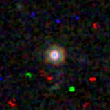 Colour composite: F444W red, F356W green, F277W blue, 3.2 arcsec across, north up