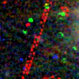 Colour composite: F444W red, F356W green, F277W blue, 3.2 arcsec across, north up