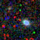 Colour composite: F444W red, F356W green, F277W blue, 3.2 arcsec across, north up