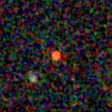 Colour composite: F444W red, F356W green, F277W blue, 3.2 arcsec across, north up