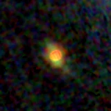 Colour composite: F444W red, F356W green, F277W blue, 3.2 arcsec across, north up
