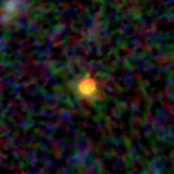 Colour composite: F444W red, F356W green, F277W blue, 3.2 arcsec across, north up