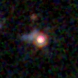 Colour composite: F444W red, F356W green, F277W blue, 3.2 arcsec across, north up