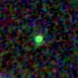 Colour composite: F444W red, F356W green, F277W blue, 3.2 arcsec across, north up
