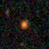 Colour composite: F444W red, F356W green, F277W blue, 3.2 arcsec across, north up