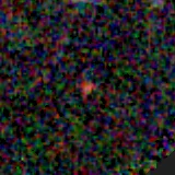 Colour composite: F444W red, F356W green, F277W blue, 3.2 arcsec across, north up