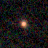 Colour composite: F444W red, F356W green, F277W blue, 3.2 arcsec across, north up