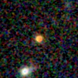 Colour composite: F444W red, F356W green, F277W blue, 3.2 arcsec across, north up