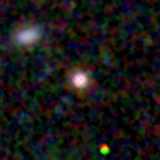 Colour composite: F444W red, F356W green, F277W blue, 3.2 arcsec across, north up