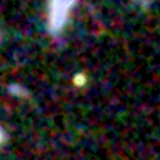 Colour composite: F444W red, F356W green, F277W blue, 3.2 arcsec across, north up