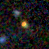 Colour composite: F444W red, F356W green, F277W blue, 3.2 arcsec across, north up