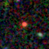 Colour composite: F444W red, F356W green, F277W blue, 3.2 arcsec across, north up