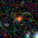 Colour composite: F444W red, F356W green, F277W blue, 3.2 arcsec across, north up