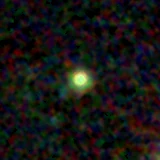Colour composite: F444W red, F356W green, F277W blue, 3.2 arcsec across, north up