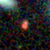 Colour composite: F444W red, F356W green, F277W blue, 3.2 arcsec across, north up
