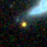 Colour composite: F444W red, F356W green, F277W blue, 3.2 arcsec across, north up