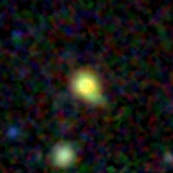 Colour composite: F444W red, F356W green, F277W blue, 3.2 arcsec across, north up
