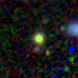 Colour composite: F444W red, F356W green, F277W blue, 3.2 arcsec across, north up